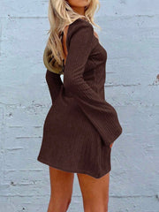 Backless Round Neck Long Sleeve Mini Dress - Trendsi