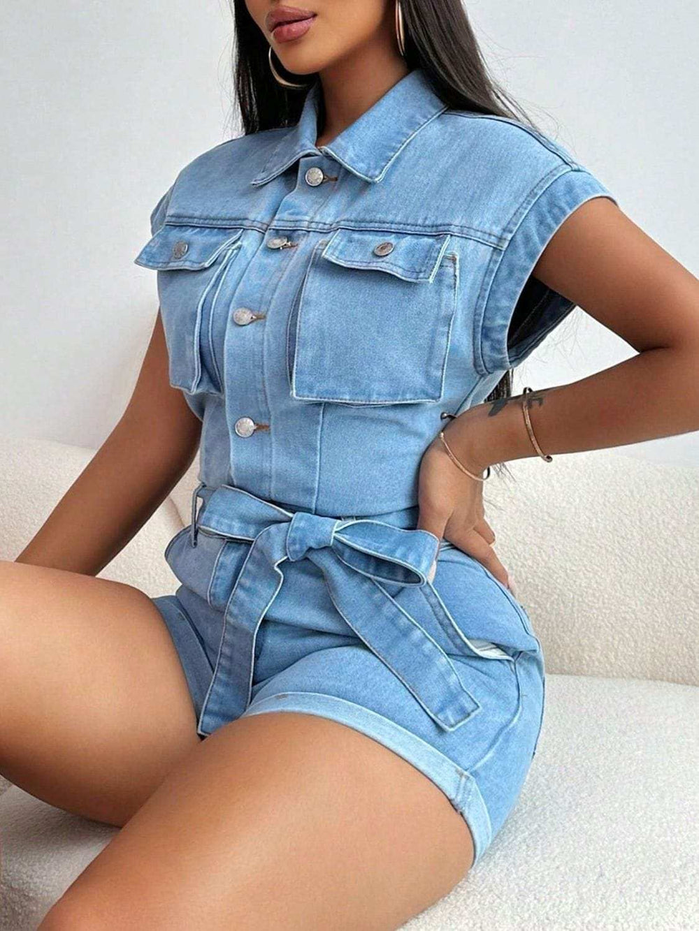 Tie Waist Cap Sleeve Denim Romper - Trendsi - Flyclothing LLC