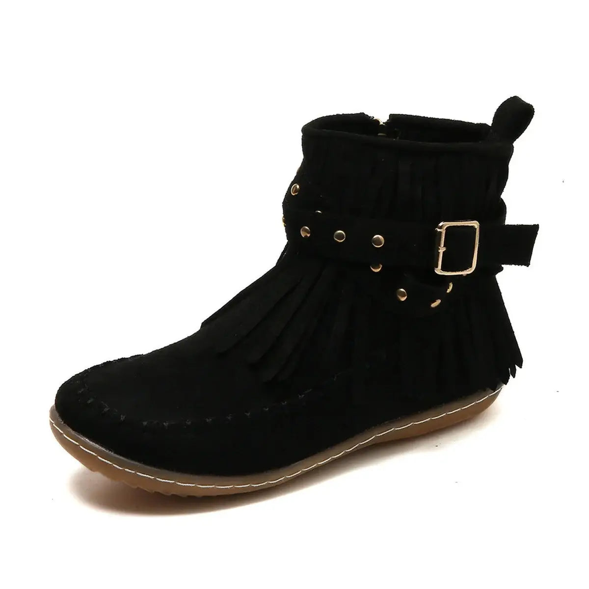 Fringe Studded Suede Flat Boots - Trendsi - Flyclothing LLC