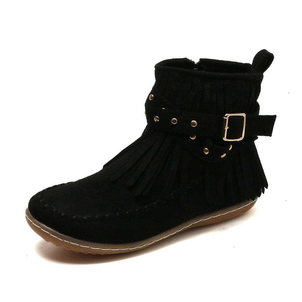 Fringe Studded Suede Flat Boots - Trendsi - Flyclothing LLC
