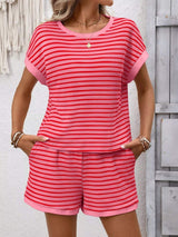 Striped Casual Round Neck Top and Shorts Set - Trendsi - Flyclothing LLC