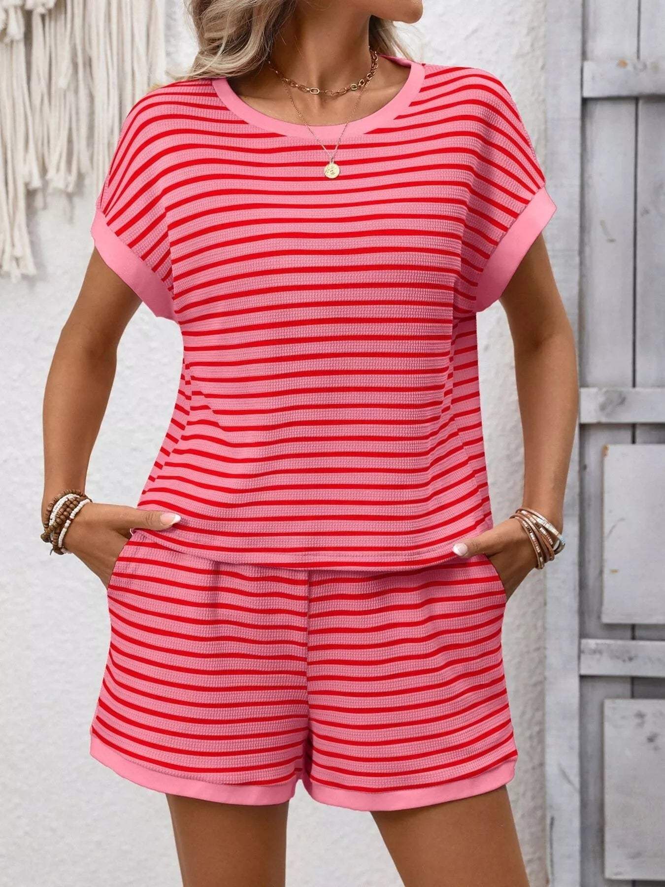 Striped Casual Round Neck Top and Shorts Set - Trendsi - Flyclothing LLC