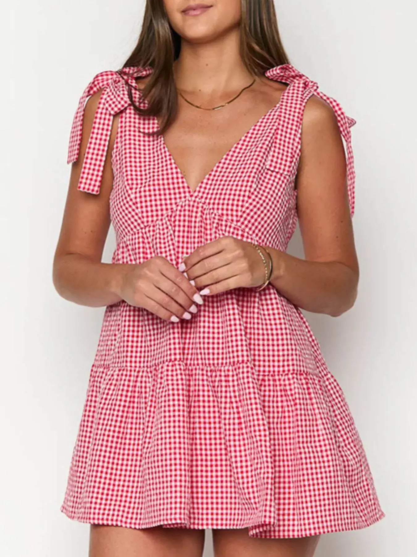Gingham Tie-Shoulder Mini Dress - Trendsi - Flyclothing LLC