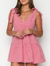 Gingham Tie-Shoulder Mini Dress - Trendsi - Flyclothing LLC