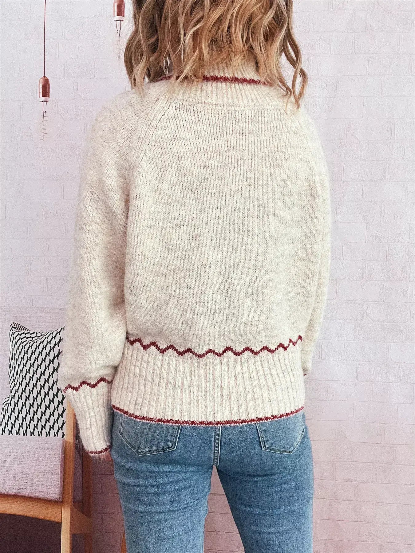 Ribbed Contrast Trim Long Sleeve Sweater - Trendsi - Flyclothing LLC