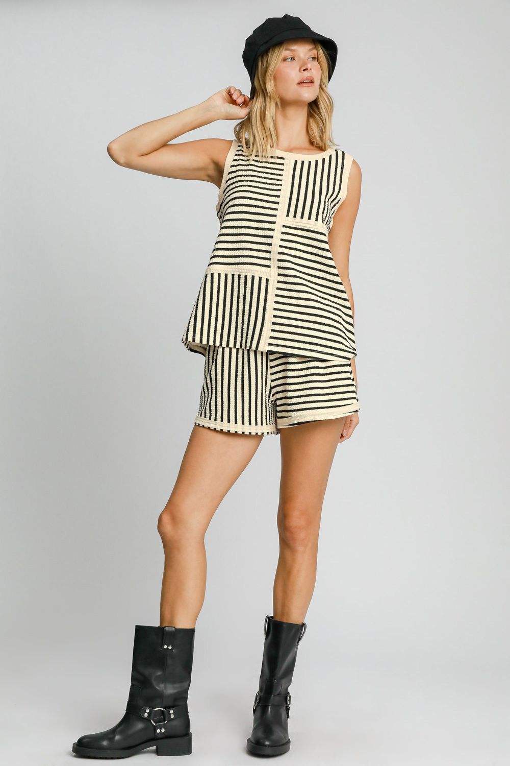Umgee Round Neck Texture Striped Tank - Trendsi - Flyclothing LLC