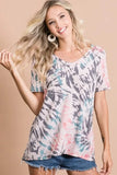 BiBi Tie Dye Print Terry Deep U Neck Top - Trendsi - Flyclothing LLC