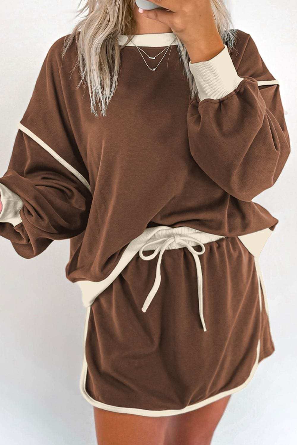 Contrast Trim Round Neck Top and Skort Set - Trendsi - Flyclothing LLC