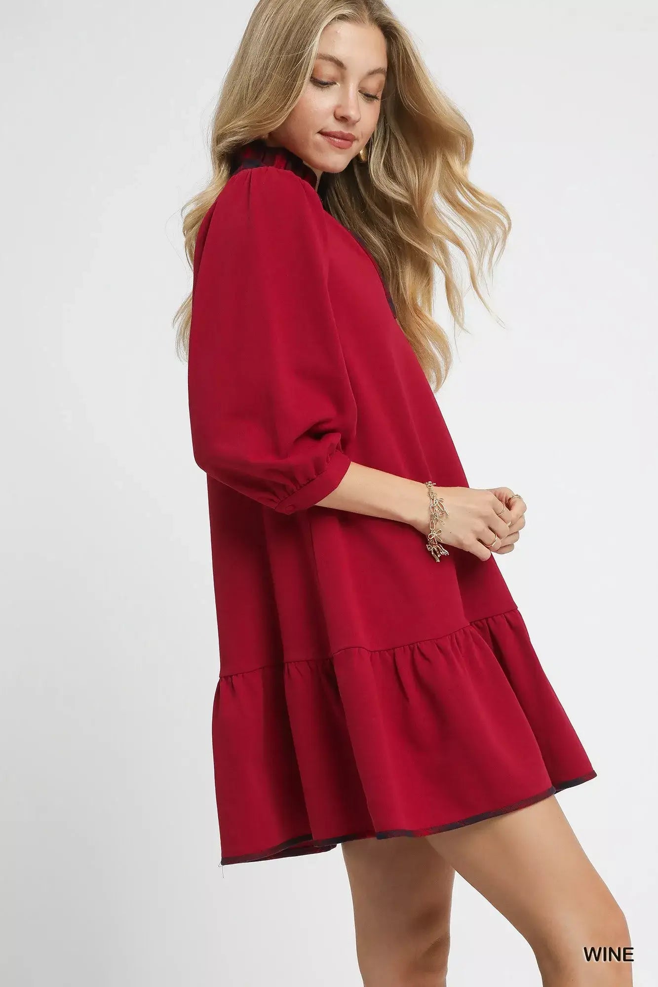 Umgee French Terry Ruffle Hem Dress with Plaid Trim - Trendsi - Flyclothing LLC