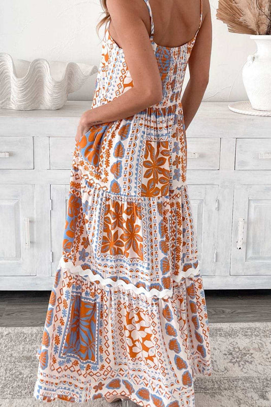 Printed Smocked Back Ricrac Trim Cami Dress - Trendsi - Flyclothing LLC