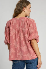 Umgee Full Size Notched Button Detail Half Sleeve Blouse Plus Size - Trendsi - Flyclothing LLC