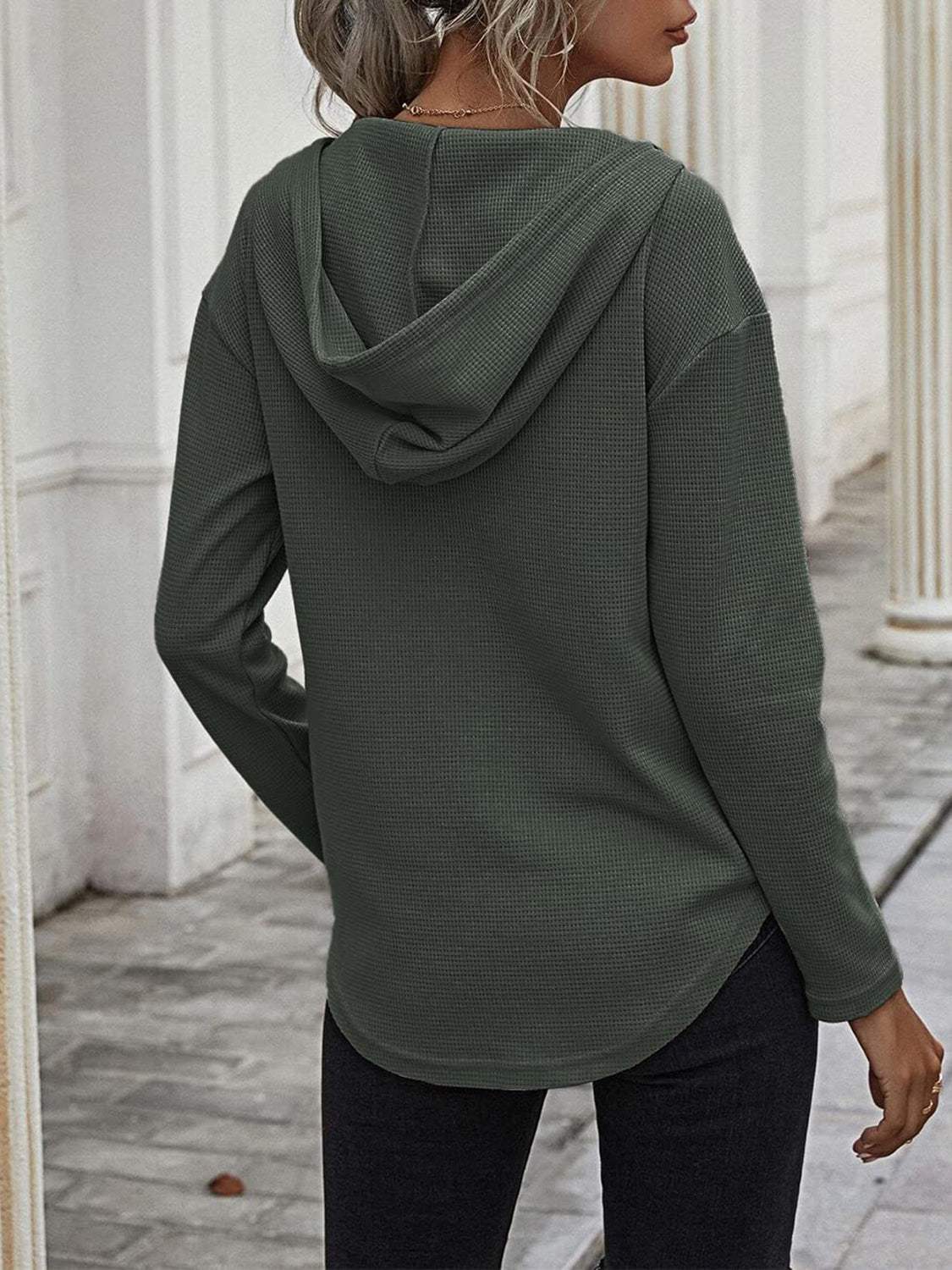 Drawstring Waffle Knit Long Sleeve Hooded Top - Trendsi - Flyclothing LLC