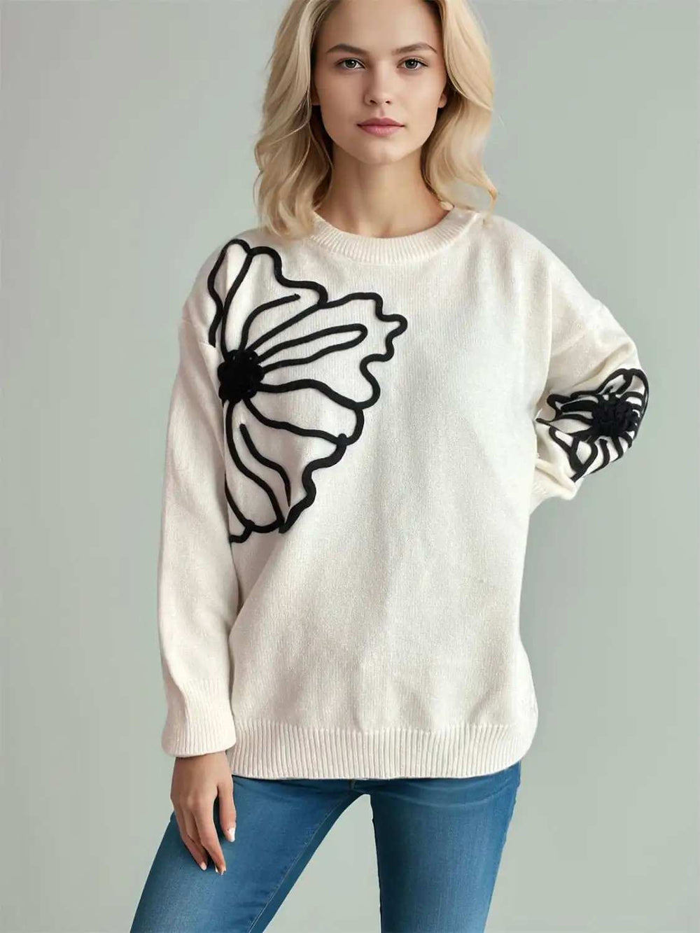 Flower Round Neck Long Sleeve Sweater - Trendsi - Flyclothing LLC