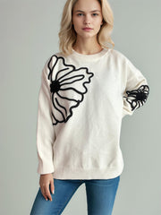 Flower Round Neck Long Sleeve Sweater - Trendsi