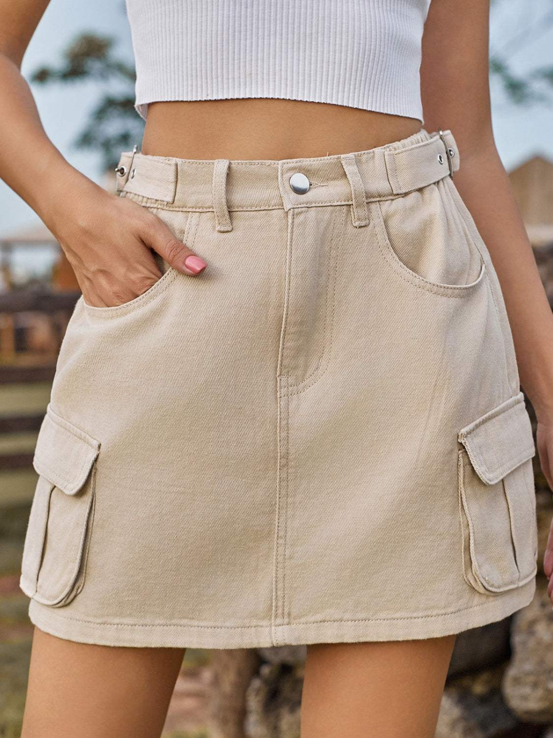 Adjustable Waist Denim Skirt with Pockets - Trendsi - Flyclothing LLC