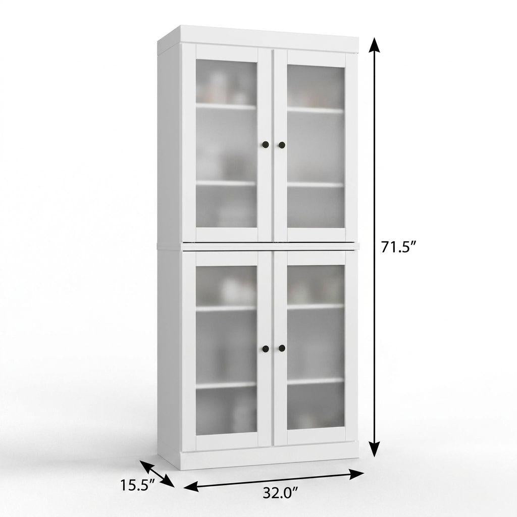 32" White Solid Wood Glass Panel Inlay Double Door Linen Cabinet - HomeRoots - Flyclothing LLC