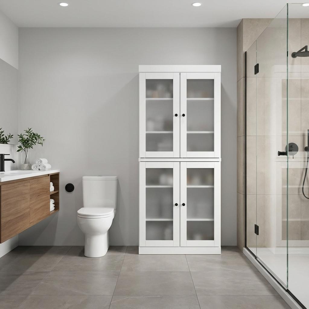 32" White Solid Wood Glass Panel Inlay Double Door Linen Cabinet - HomeRoots - Flyclothing LLC