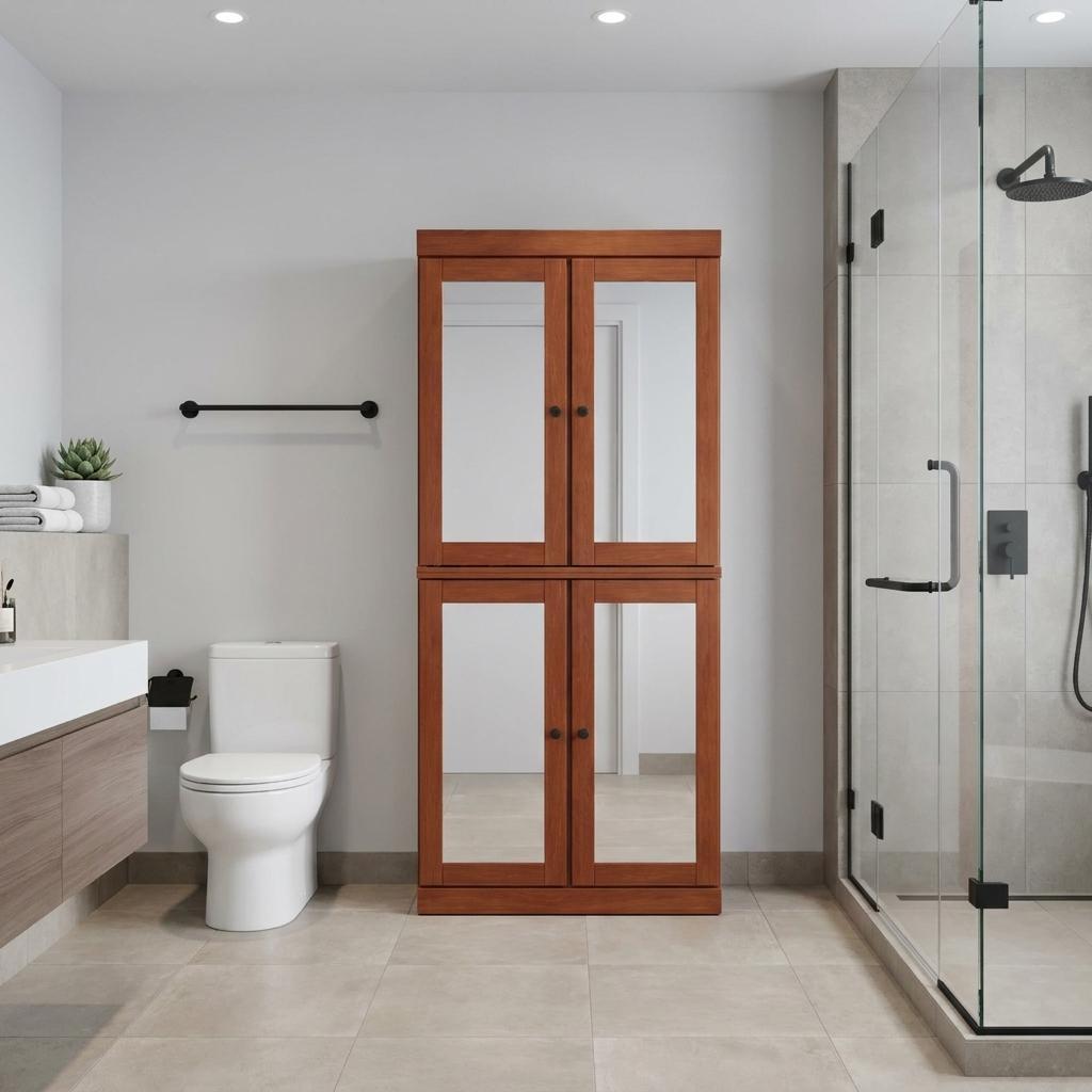32" Coffee Solid Wood Glass Panel Inlay Double Door Linen Cabinet - HomeRoots - Flyclothing LLC
