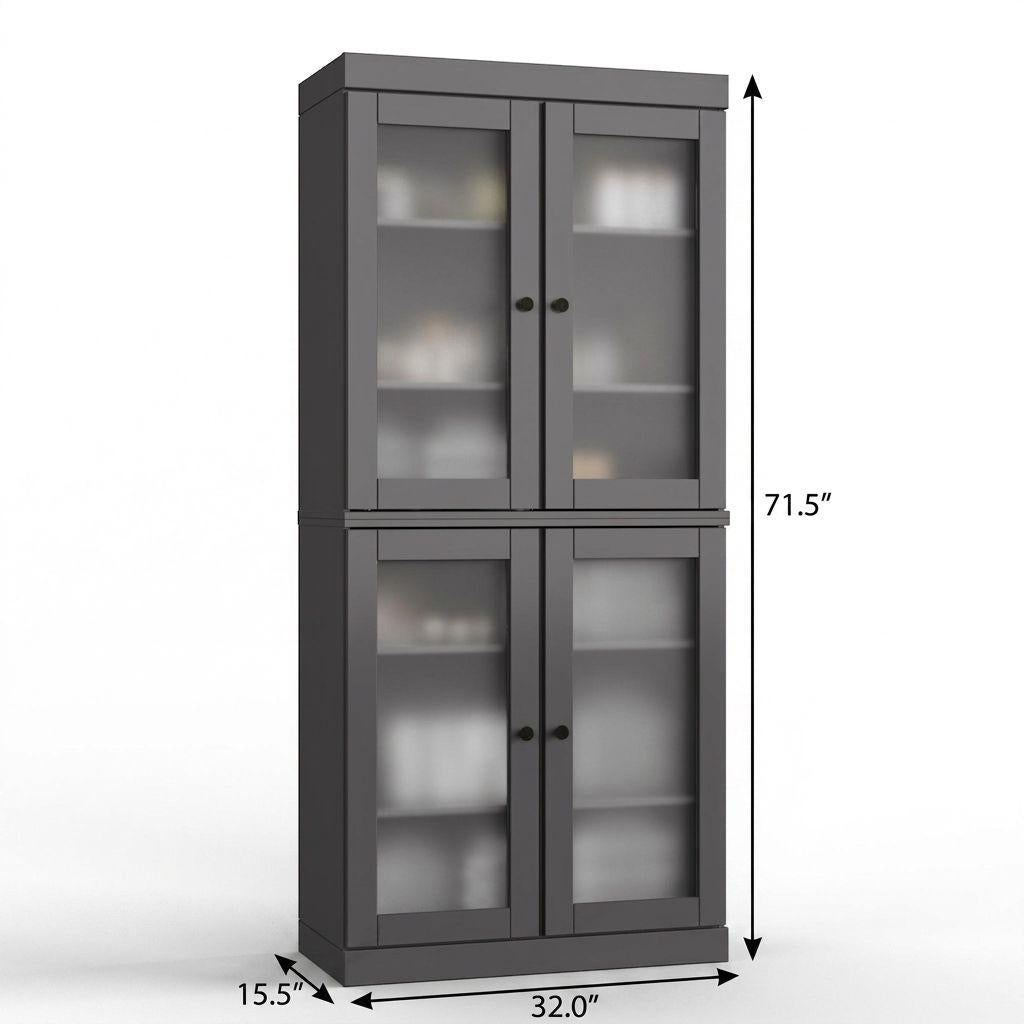 32" Gray Solid Wood Glass Panel Inlay Double Door Linen Cabinet - HomeRoots - Flyclothing LLC