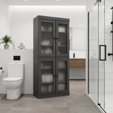 32" Gray Solid Wood Glass Panel Inlay Double Door Linen Cabinet - HomeRoots - Flyclothing LLC