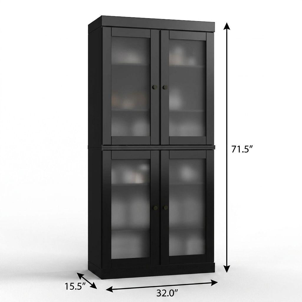 32" Black Solid Wood Glass Panel Inlay Double Door Linen Cabinet - HomeRoots - Flyclothing LLC