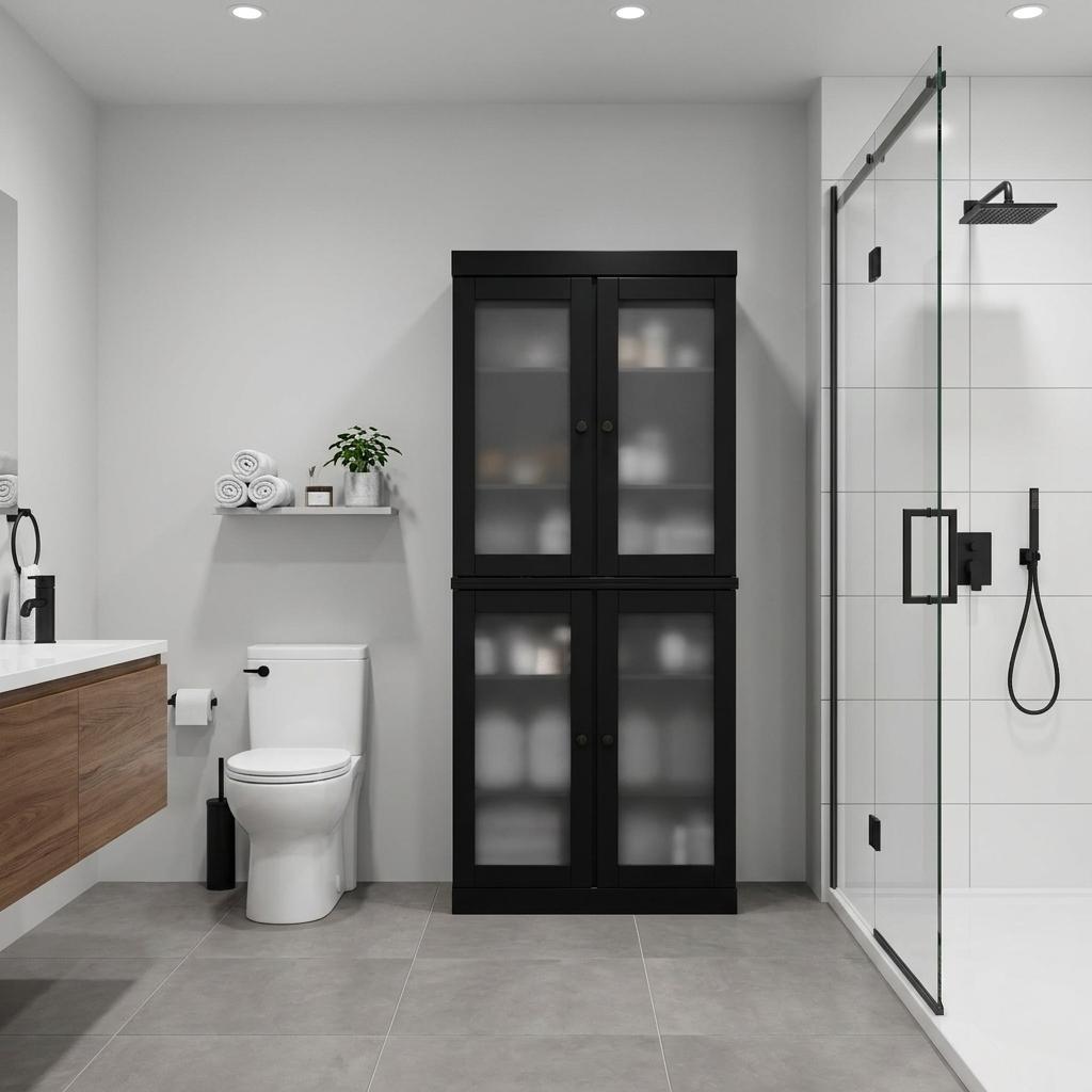 32" Black Solid Wood Glass Panel Inlay Double Door Linen Cabinet - HomeRoots - Flyclothing LLC