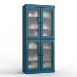 32" Teal Blue Solid Wood Glass Panel Inlay Double Door Linen Cabinet - HomeRoots - Flyclothing LLC