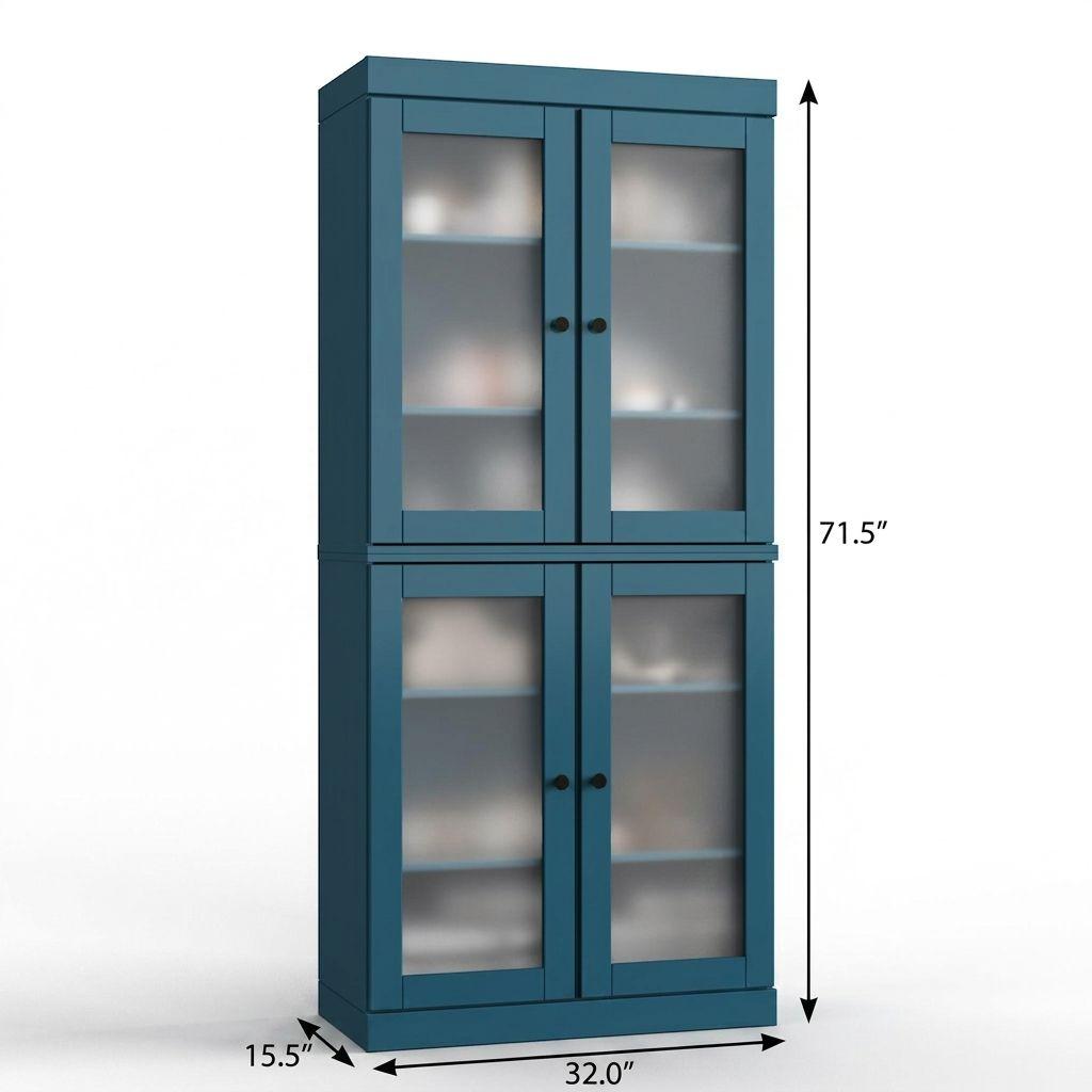 32" Teal Blue Solid Wood Glass Panel Inlay Double Door Linen Cabinet - HomeRoots - Flyclothing LLC