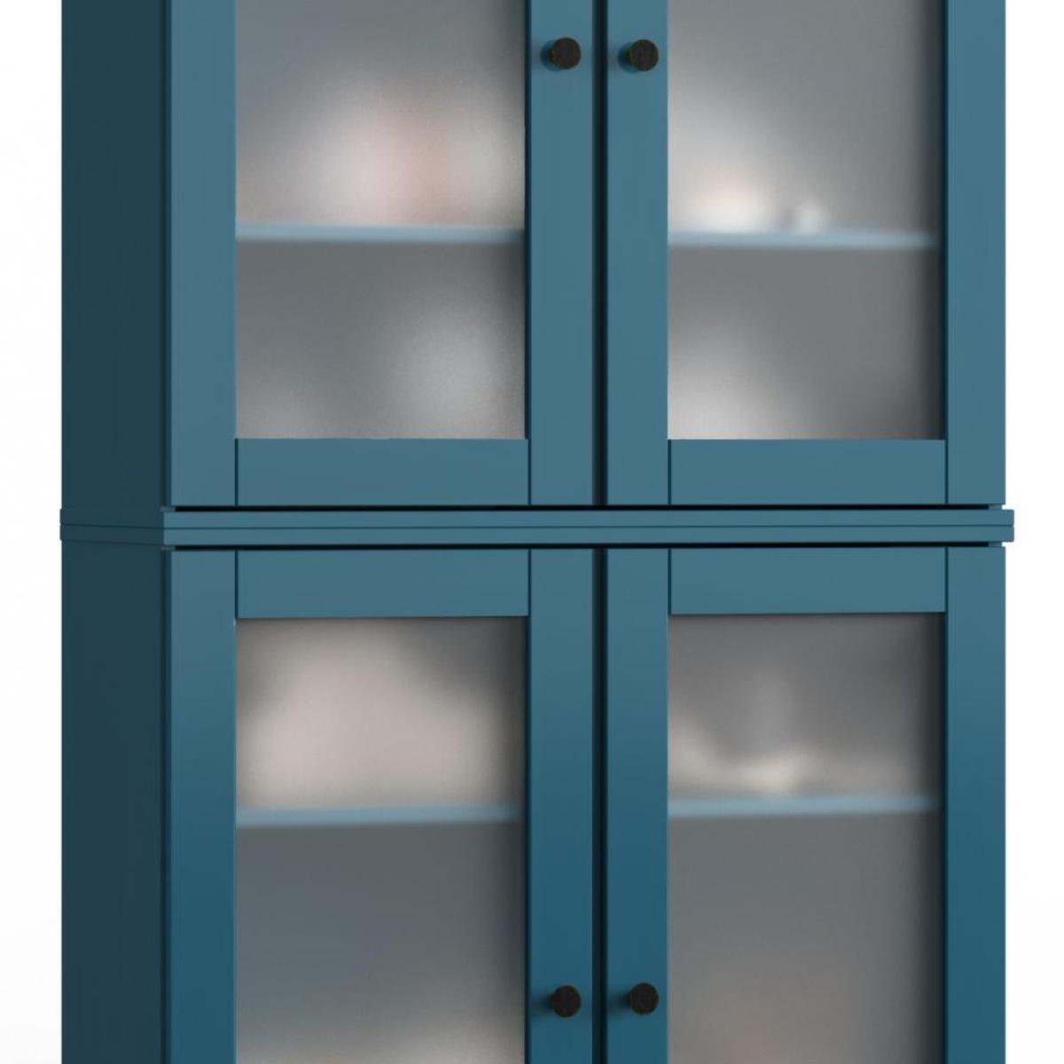 32" Teal Blue Solid Wood Glass Panel Inlay Double Door Linen Cabinet - HomeRoots - Flyclothing LLC