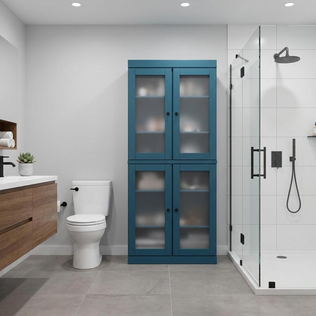 32" Teal Blue Solid Wood Glass Panel Inlay Double Door Linen Cabinet - HomeRoots - Flyclothing LLC