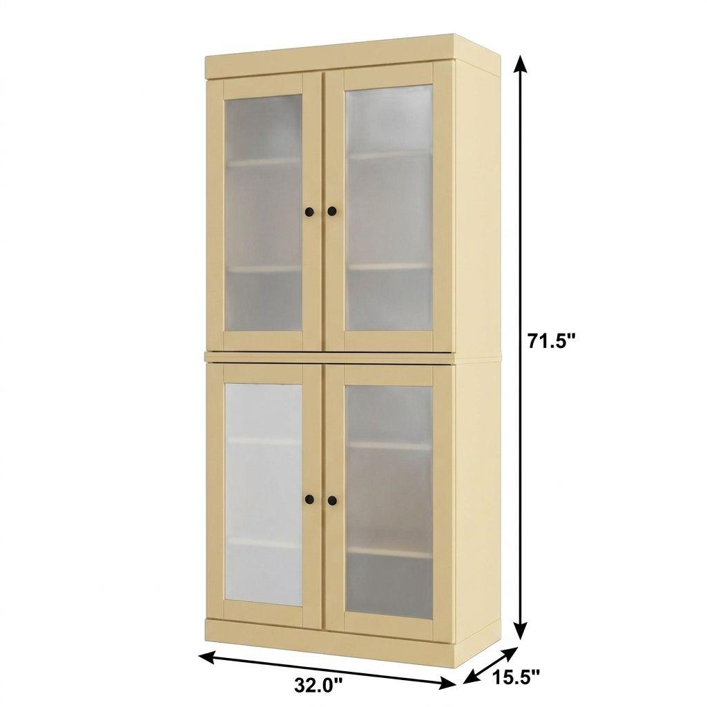 32" Yellow Solid Wood Glass Panel Inlay Double Door Linen Cabinet - HomeRoots - Flyclothing LLC