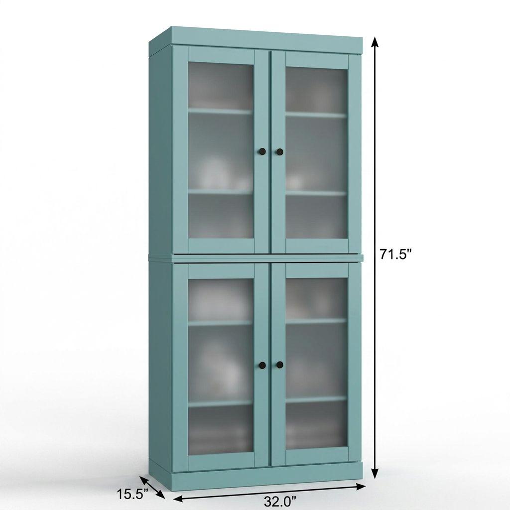 32" Aqua Solid Wood Glass Panel Inlay Double Door Linen Cabinet - HomeRoots - Flyclothing LLC