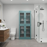 32" Aqua Solid Wood Glass Panel Inlay Double Door Linen Cabinet - HomeRoots - Flyclothing LLC