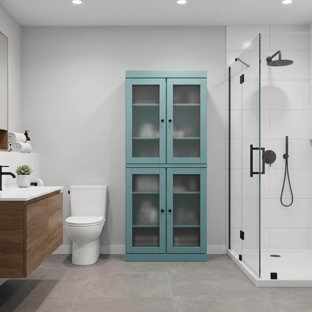 32" Aqua Solid Wood Glass Panel Inlay Double Door Linen Cabinet - HomeRoots - Flyclothing LLC