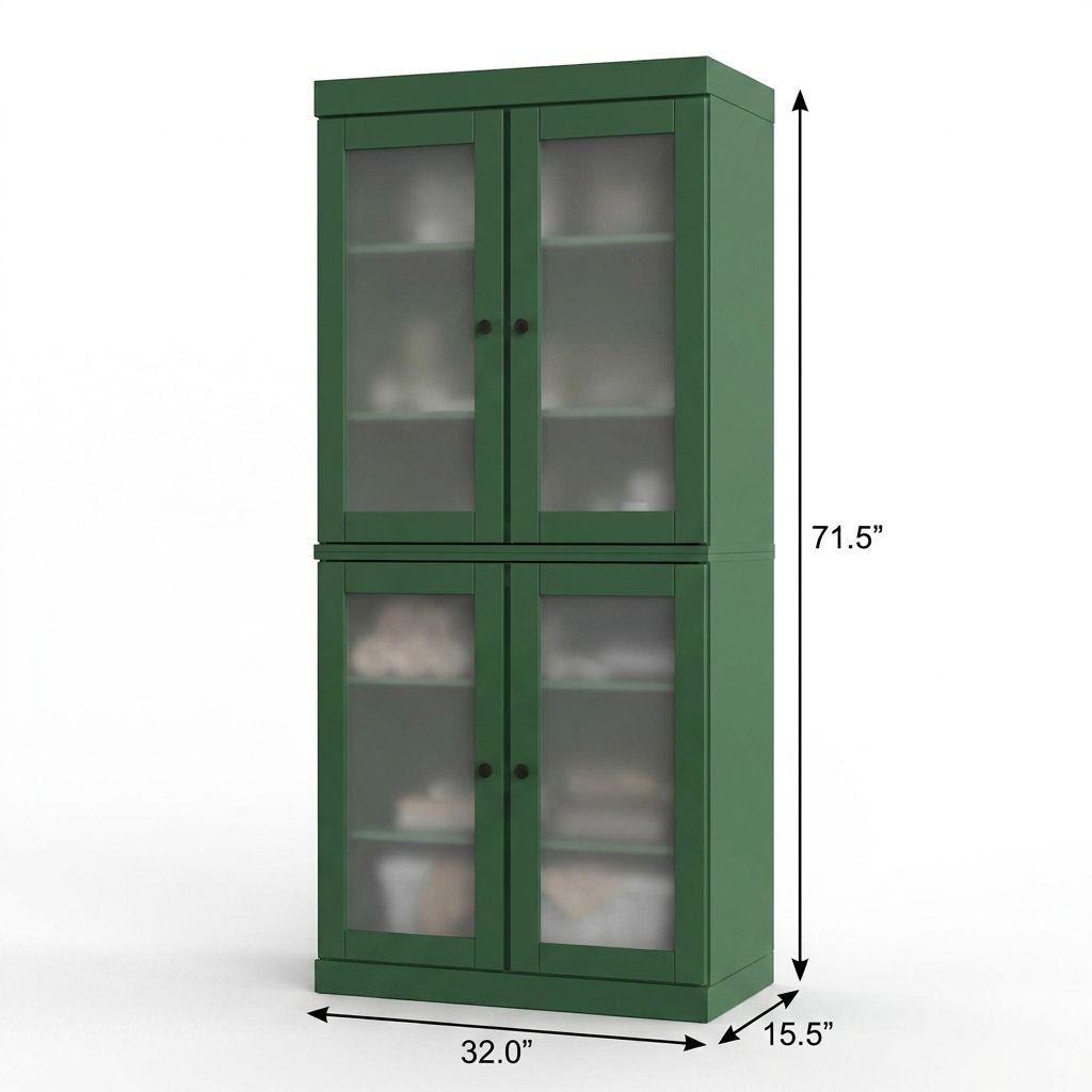 32" Green Solid Wood Glass Panel Inlay Double Door Linen Cabinet - HomeRoots - Flyclothing LLC