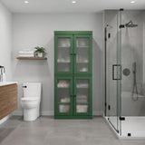 32" Green Solid Wood Glass Panel Inlay Double Door Linen Cabinet - HomeRoots - Flyclothing LLC