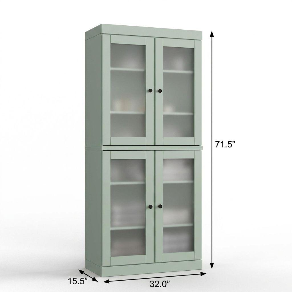 32" Sage Solid Wood Glass Panel Inlay Double Door Linen Cabinet - HomeRoots - Flyclothing LLC