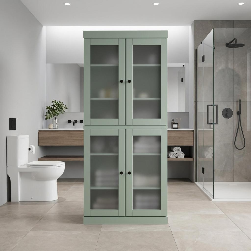 32" Sage Solid Wood Glass Panel Inlay Double Door Linen Cabinet - HomeRoots - Flyclothing LLC