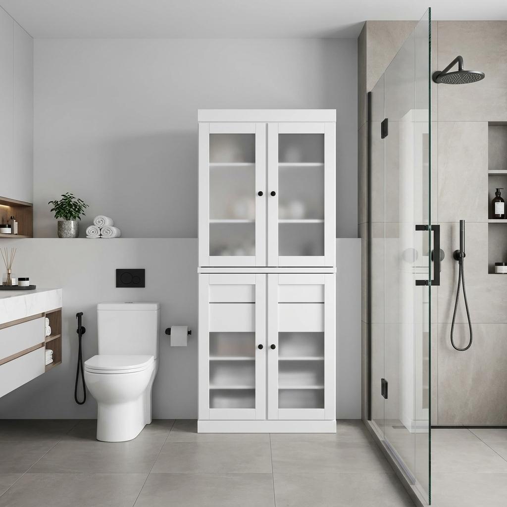 32" White Solid Wood Glass Panel Inlay Double Door Linen Cabinet - HomeRoots - Flyclothing LLC