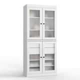 32" White Solid Wood Glass Panel Inlay Double Door Linen Cabinet - HomeRoots - Flyclothing LLC