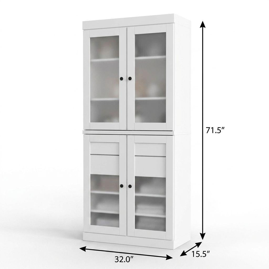 32" White Solid Wood Glass Panel Inlay Double Door Linen Cabinet - HomeRoots - Flyclothing LLC