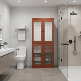 32" Coffee Solid Wood Glass Panel Inlay Double Door Linen Cabinet - HomeRoots - Flyclothing LLC