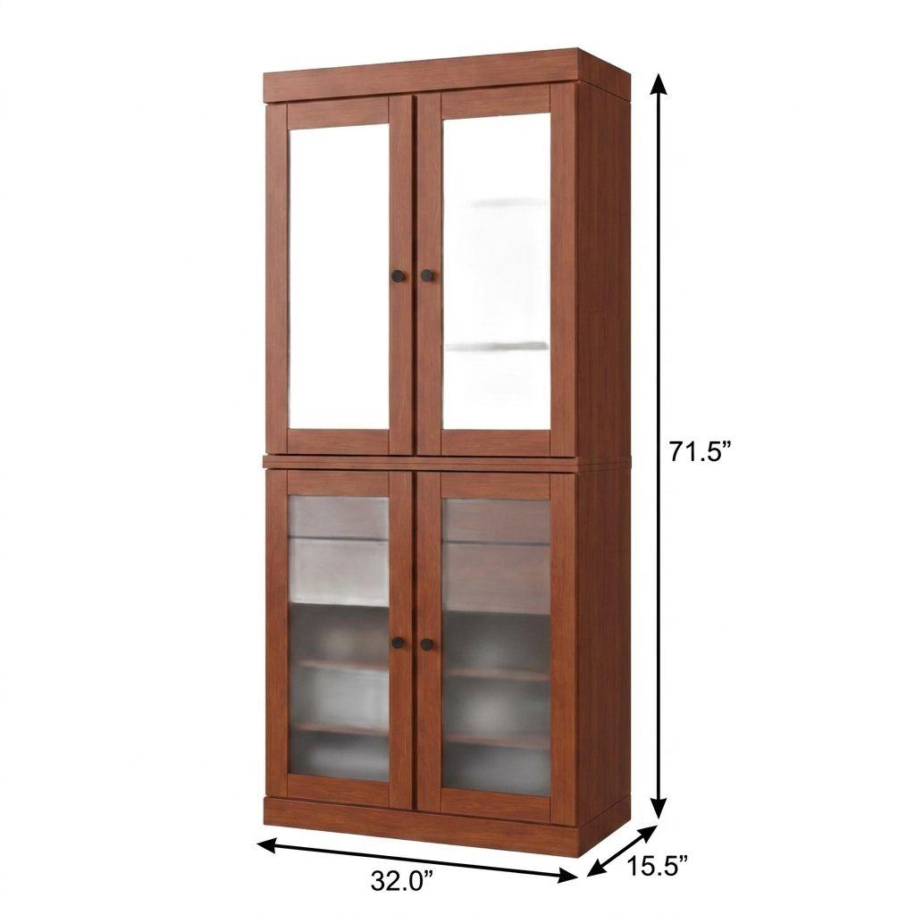 32" Coffee Solid Wood Glass Panel Inlay Double Door Linen Cabinet - HomeRoots - Flyclothing LLC