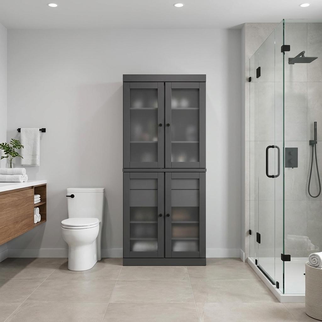 32" Gray Solid Wood Glass Panel Inlay Double Door Linen Cabinet - HomeRoots - Flyclothing LLC