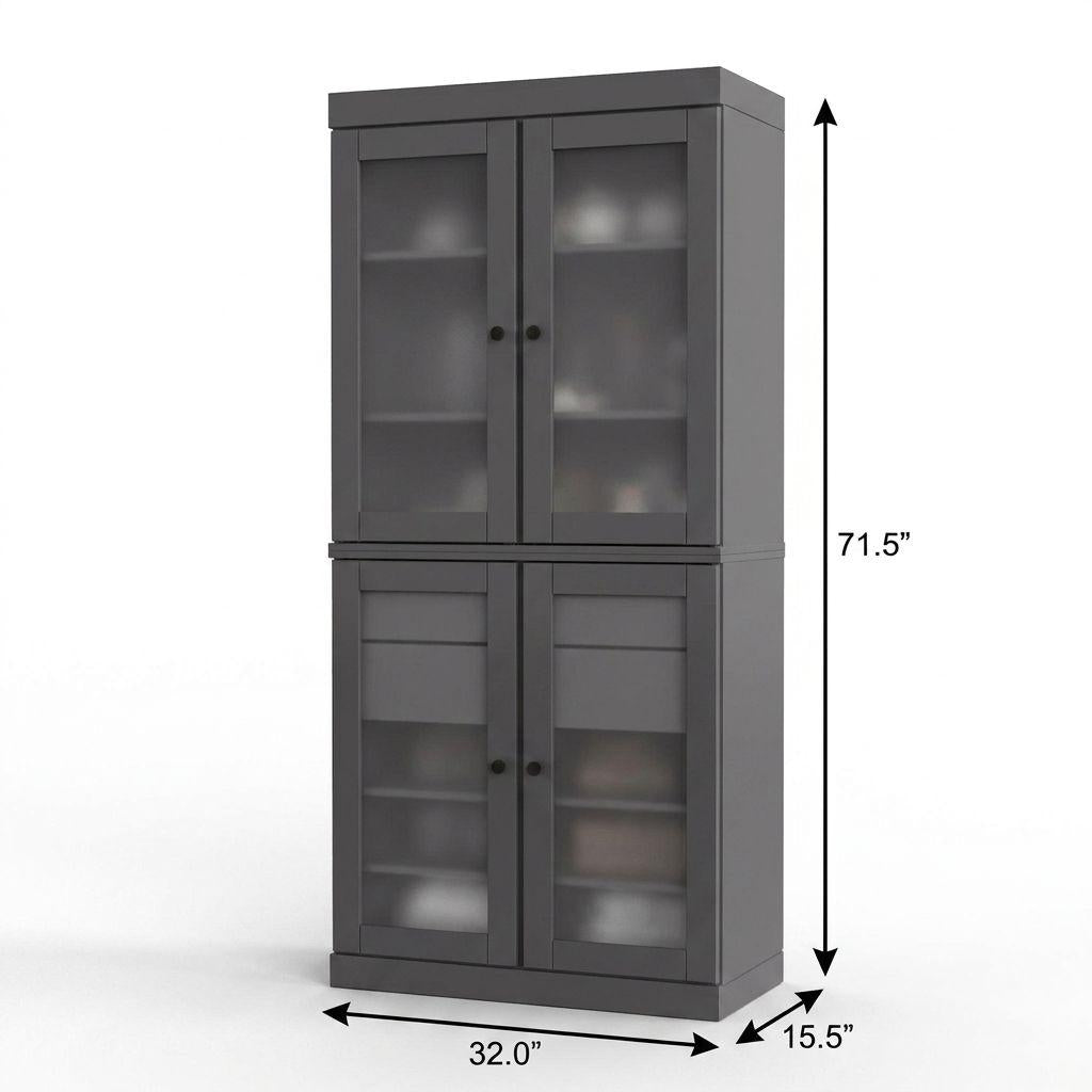 32" Gray Solid Wood Glass Panel Inlay Double Door Linen Cabinet - HomeRoots - Flyclothing LLC