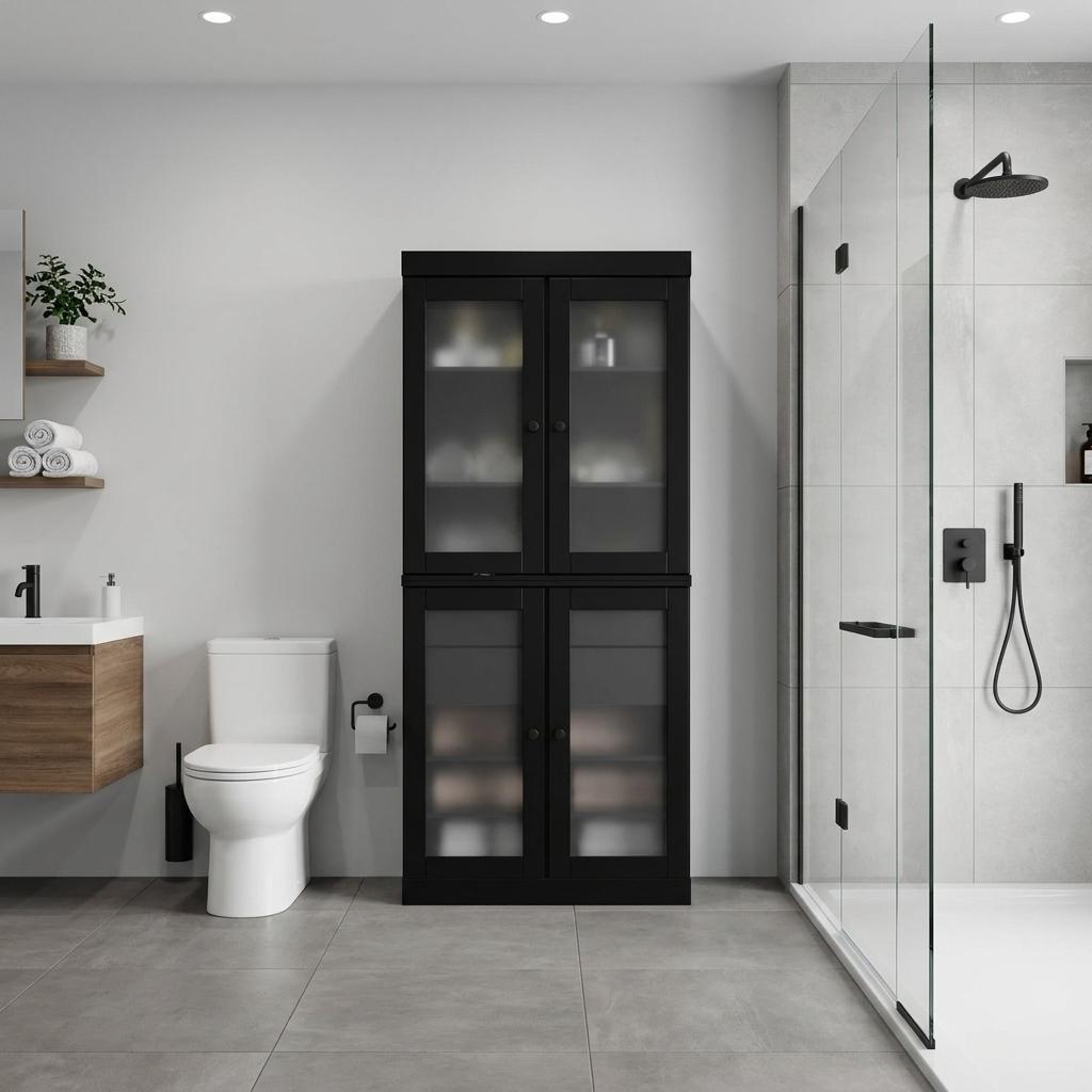 32" Black Solid Wood Glass Panel Inlay Double Door Linen Cabinet - HomeRoots - Flyclothing LLC