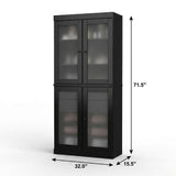 32" Black Solid Wood Glass Panel Inlay Double Door Linen Cabinet - HomeRoots - Flyclothing LLC