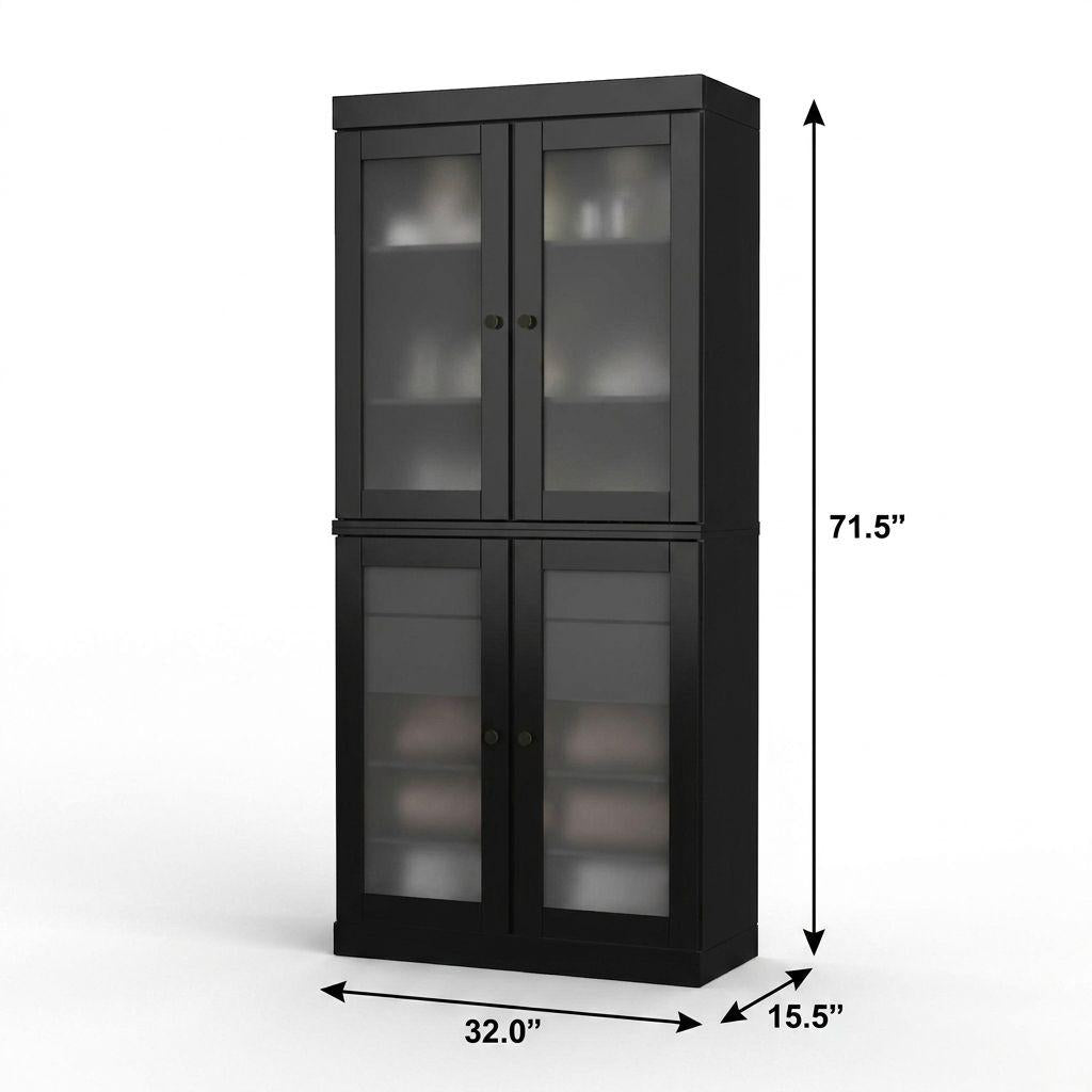 32" Black Solid Wood Glass Panel Inlay Double Door Linen Cabinet - HomeRoots - Flyclothing LLC