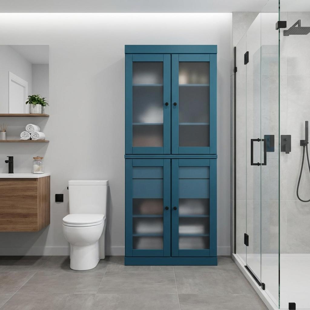 32" Teal Blue Solid Wood Glass Panel Inlay Double Door Linen Cabinet - HomeRoots - Flyclothing LLC