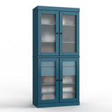 32" Teal Blue Solid Wood Glass Panel Inlay Double Door Linen Cabinet - HomeRoots - Flyclothing LLC